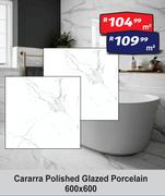 Cararra Polished Glazed Porcelain 600 x 600-Per Sqm