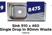 Sink 910 x 460 Single Drop In 90mm Waste