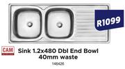 CAM Sink 1.2 x 480 Dbl End Bowl 40mm Waste