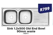 Sink 1.2 x 500 Dbl End Bowl 90mm Waste