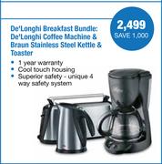 De'Longhi Coffee Machine & Braun Stainless Steel Kettle & Toaster Bundle