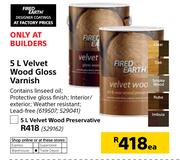 Fired Earth Velvet Wood Gloss Varnish-5Ltr