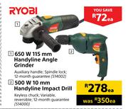 Ryobi 650W 115mm Handyline Angle Grinder-Each