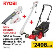 Ryobi 3000W Blower Vacuum, 300W Trimmer & 1600W Mower Combo-Per Set