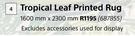 Tropical Leaf Printed Rug 1600mmX2300mm 