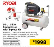 Ryobi 50Ltr 1.5KW Compressor With 5 Piece Kit