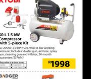 Ryobi 50Ltr 1.5KW Compressor With 5 Piece Kit