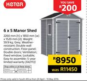 Keter 6 x 5 Manor Shed-2260mm(h) x 1850mm(w) x 1520mm(d) 