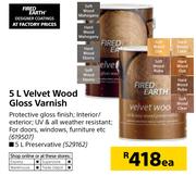 Fired Earth 5Ltr Velvet Wood Gloss Varnish-Each
