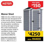 Keter Manor Shed-1980mm(h) x 1040mm(w) x 1300mm(d)