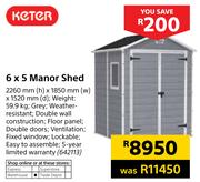 Keter 6 x 5 Manor Shed-2260mm(h) x 1850mm(w) x 1520mm(d) 