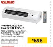 Goldair 1000W/2000W Wall Mounted Fan Heater With Remote