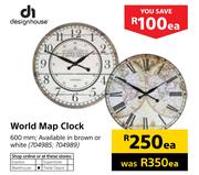 Design House World Map Clock 600mm-Each
