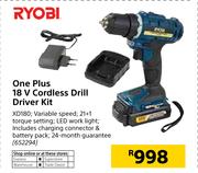 Ryobi One Plus 18V Cordless Drill Driver Kit XD180