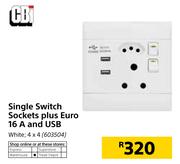CBi Single Switch Sockets Plus Euro 16 A And USB White 4X4