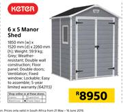 Keter 6 x 5 Manor Shed-1850mm(w) x 1520mm (d) x 2260mm (h)