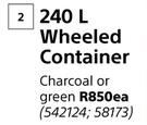 Keter 240Ltr Wheeled Container Charcoal Or Green-Each