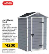 Keter 4 x 3 Manor Shed-1980mm(h) x 1040mm(w) x 1300mm(d)
