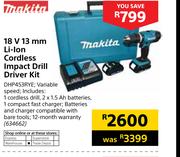 2Makita 18V 13mm Li-Ion Cordless Impact Drill Driver Kit DHP453RYE