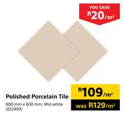 Polished Porcelain Tile 600mm x 600mmm Mid White-Per Sqm