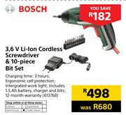 Bosch 3.6V Li-Ion Cordless Screwdriver & 10-Piece Bit Set