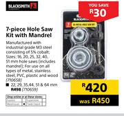 Blacksmith 7 Piece Hole Saw Kit Sizes 22, 29, 35, 44, 51, 64mm Hole Saws Including Mandrel