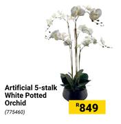 Artificial 5 Stalk White Potted Orchid