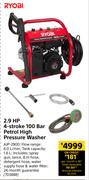 Ryobi 2.9 HP 4 Stroke 100 Bar Petrol High Pressure Washer