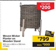 Woven Wicker Planter On Wooden Stand-400mm x 400m x 390mm