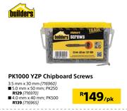 Builders PK1000 YZP Chipboard Screws 3.5mm x 30mm-Per Pk