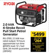 Ryobi 2.0 KVA 4 Stroke Recoil Pull Start Petrol Generator