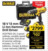 Dewalt 18V 13mm Li-Ion Hammer Drill Driver DCD776S3-ZA