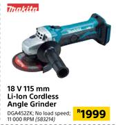 Makita 18V 115mm Li-Ion Cordless Angle Grinder DGA452ZK