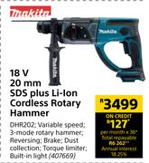 Makita 18V 20mm SDS Plus Li-Ion Cordless Rotary Hammer DHR202