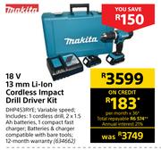 Makita 18V 13 mm Li-Ion Cordless Impact Drill Driver Kit DHP453RYE
