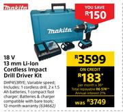 Makita 18V 13 mm Li-Ion Cordless Impact Drill Driver Kit DHP453RYE