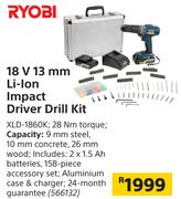 Ryobi 18 V 13 mm Li-Ion Impact Driver Drill Kit XLD-1860K