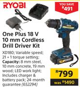 Ryobi One Plus 18 V 10 mm Cordless Drill Driver Kit XD180