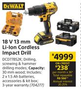 Dewalt 18 V 13 mm Li-Ion Cordless Impact Drill DCD778S2K