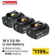 Makita 18 V 3.0 Ah Li-Ion Battery BL1830B- Each