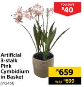 Artificial 3 Stalk Pink Cymbidium In Basket