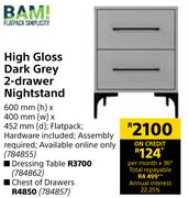 BAM High Gloss Dark Grey 2 Drawer Nightstand 600mm (h) x 400mm (w) x 452mm (d)