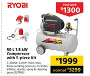 Ryobi 50Ltr 1.5Kw Copressor With 5-Piece Kit 537404