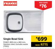 Franke Single Bowl Sink 800mm x 460mm Stainless Steel PLN611