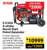 Ryobi 5.0 KVA 4 Stroke Recoil Start Petrol Generator