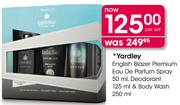 Yardley English Blazer Premium Eau De Parfum Spray-50ml, Deodorant-125ml & Body Wash-250ml Per Set