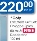 Coty East West Gift Set Cologne Spray 50ML & Free Deodorant 120ML-Per Set