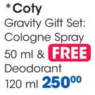 Coty Gravity Gift Set Cologne Spray 50ML & Free Deodorant 120ML-Per Set
