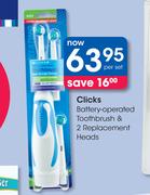 Clicks Battery-Operated Toothbrush & 2 Replacement Heads