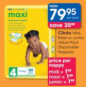 Clicks Midi, Maxi Or Junior Value Pack Disposable Nappies-Per Pack